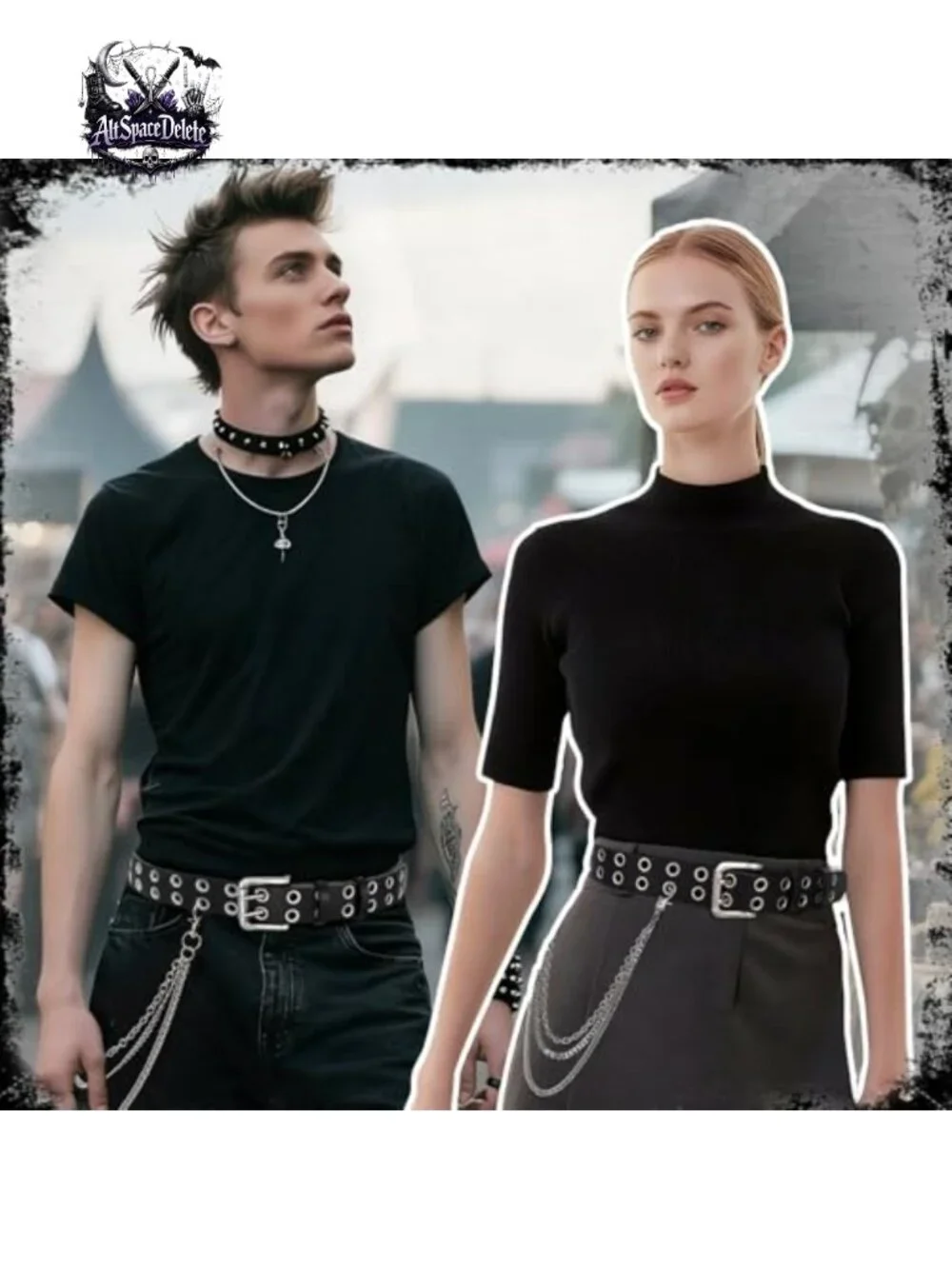 Leather Double Grommet Studded Belt with Detachable Chain for Jeans Pants Punk
